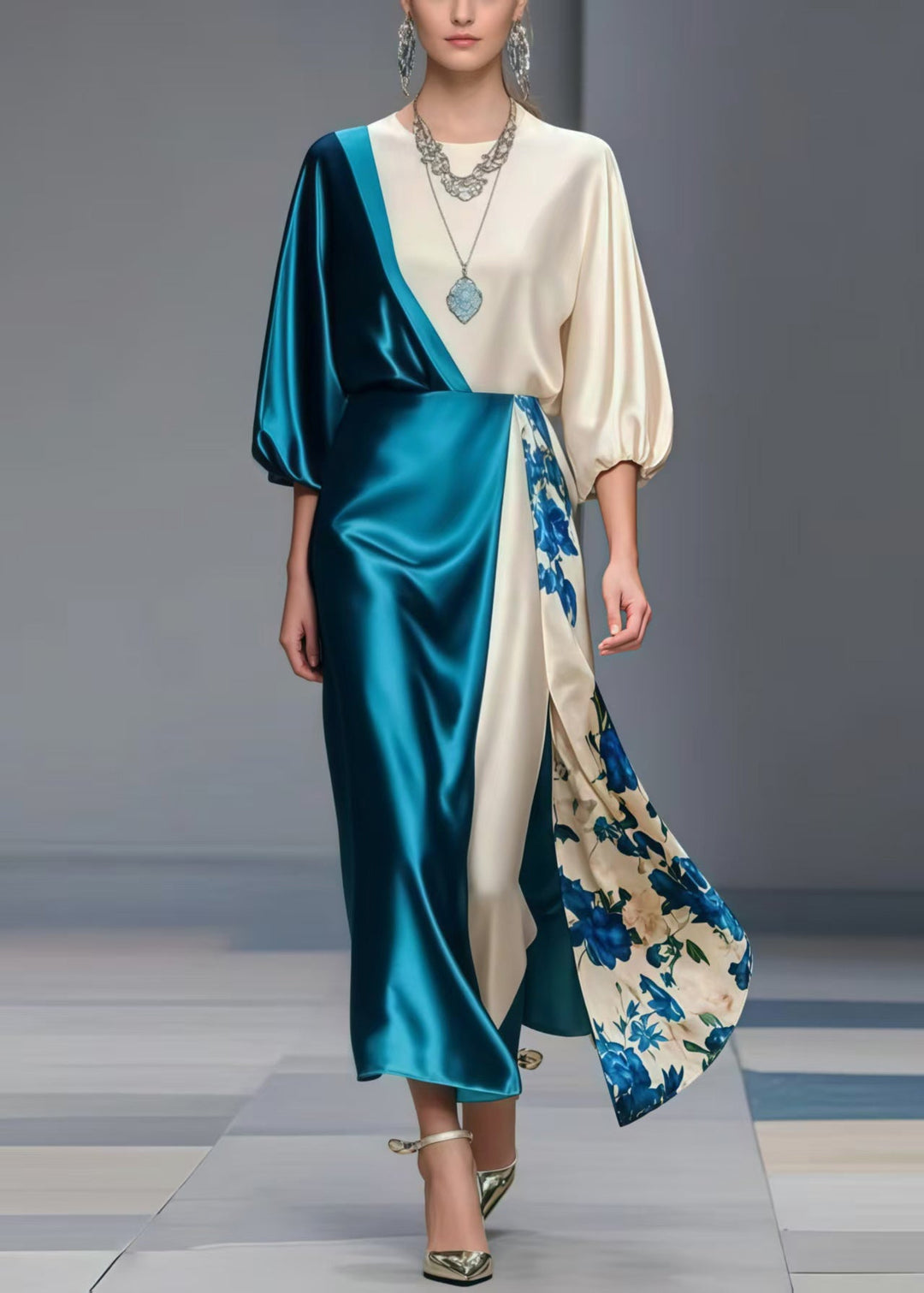 Peacock Blue Patchwork Silk Party Dress Asymmetrical Design Bracelet Sleeve