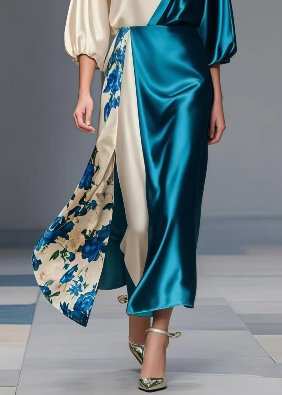 Peacock Blue Patchwork Silk Party Dress Asymmetrical Design Bracelet Sleeve