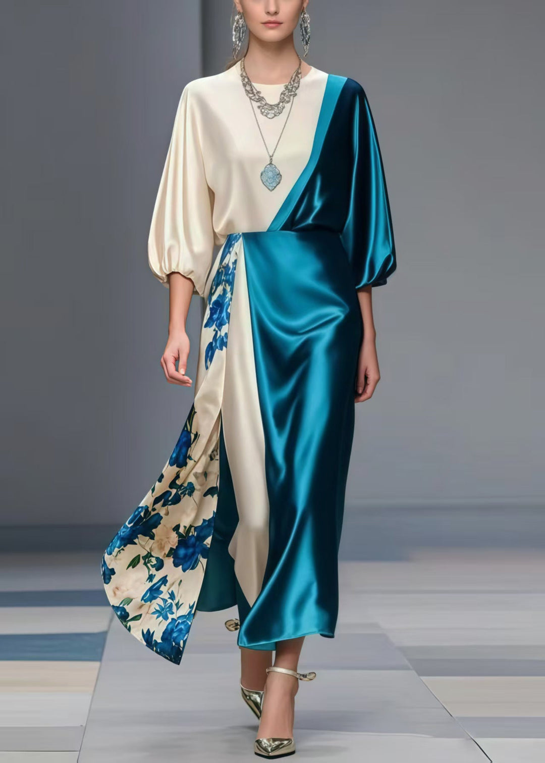 Peacock Blue Patchwork Silk Party Dress Asymmetrical Design Bracelet Sleeve