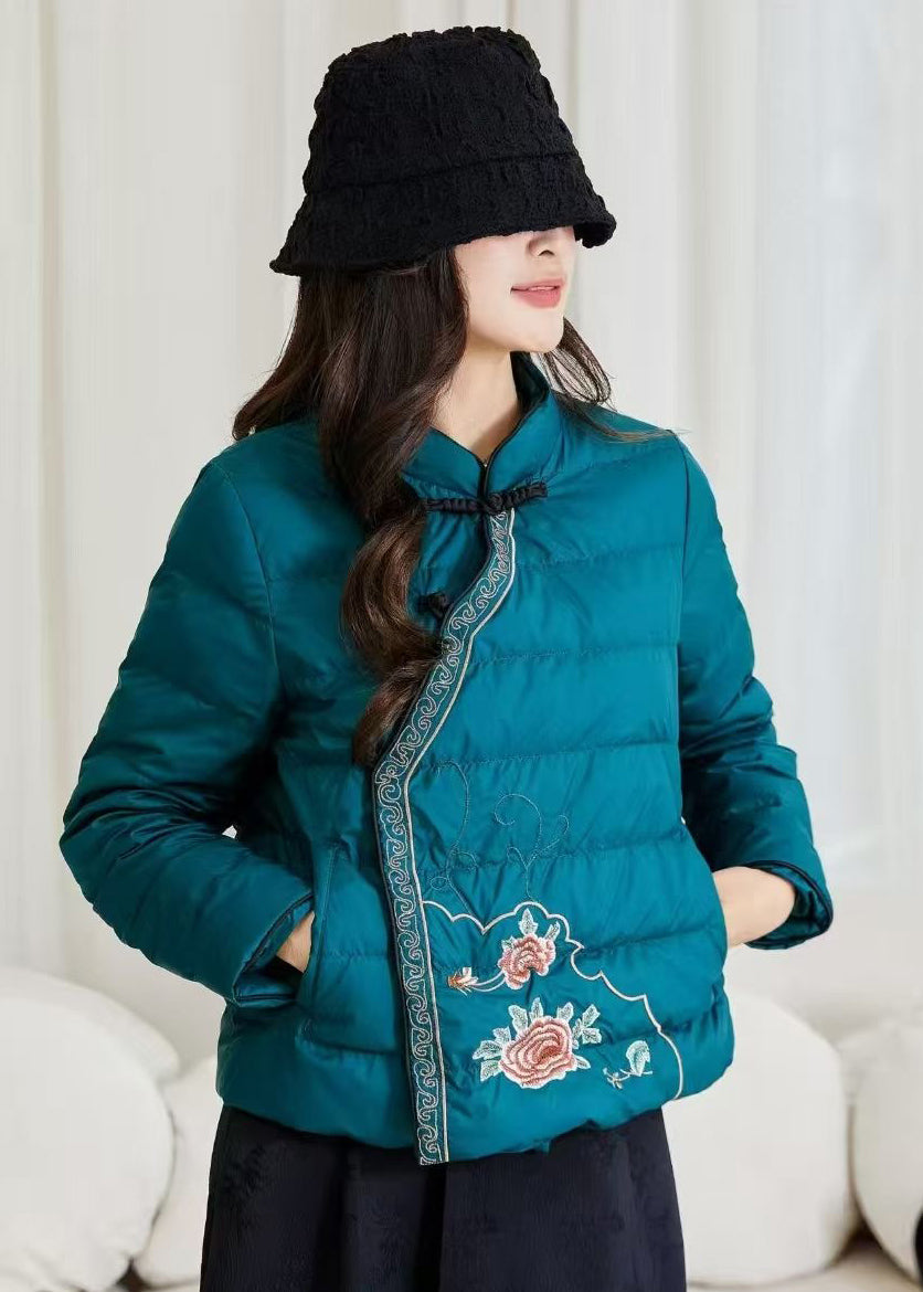 Peacock Blue Pockets Duck Down Filled Winter Down Coats Embroidered