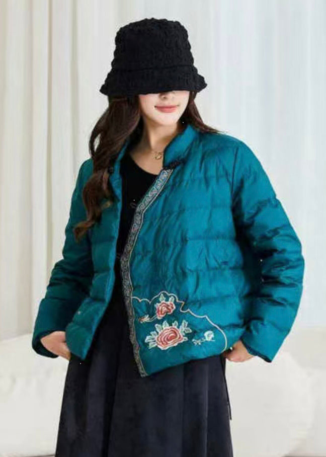 Peacock Blue Pockets Duck Down Filled Winter Down Coats Embroidered