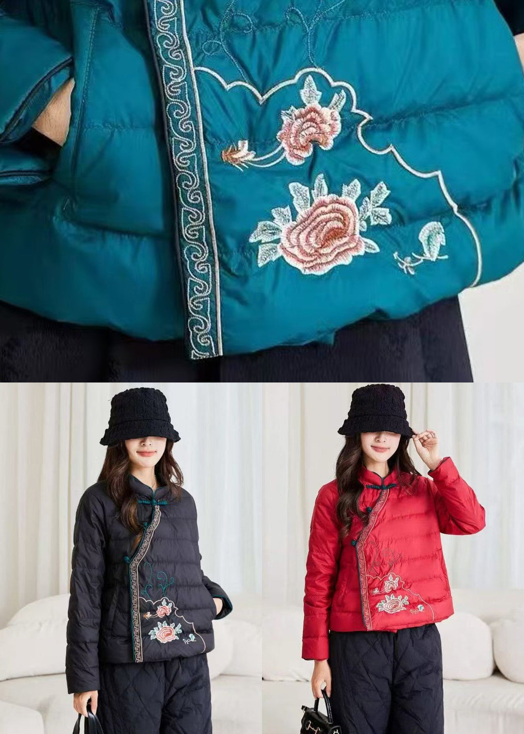 Peacock Blue Pockets Duck Down Filled Winter Down Coats Embroidered