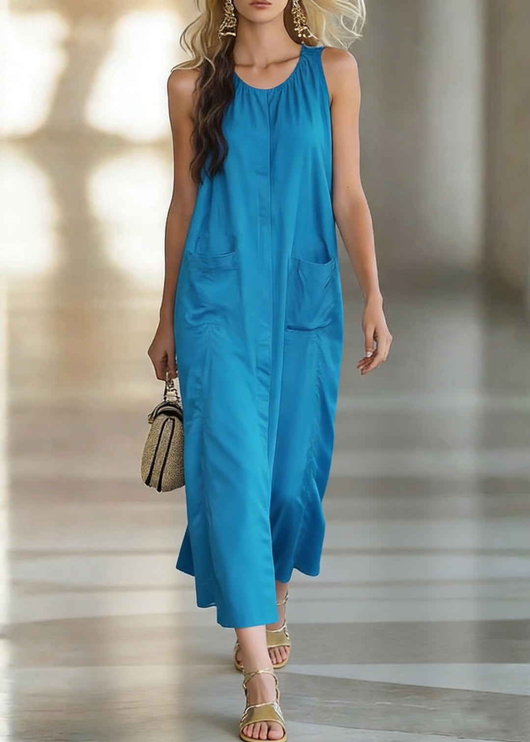 Peacock Blue Pockets Solid Cotton Long Dress O Neck Sleeveless - Omychic