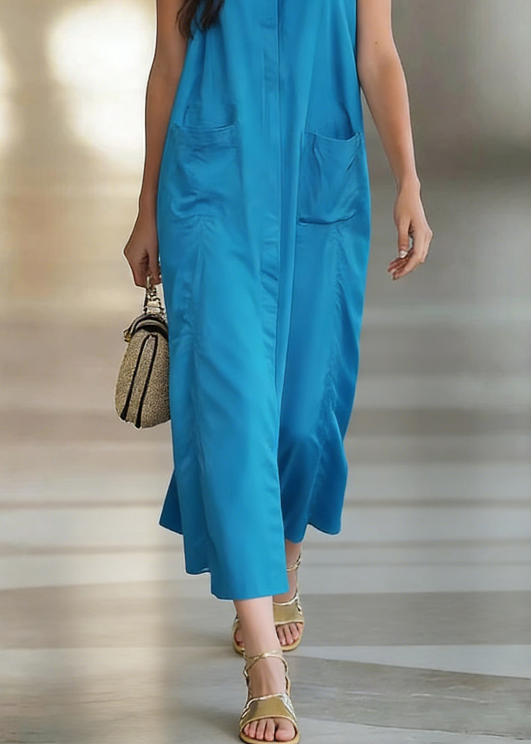 Peacock Blue Pockets Solid Cotton Long Dress O Neck Sleeveless - Omychic