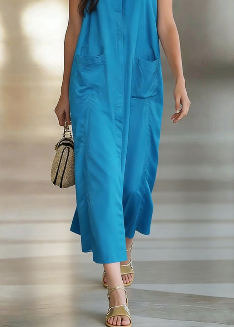 Peacock Blue Pockets Solid Cotton Long Dress O Neck Sleeveless - Omychic
