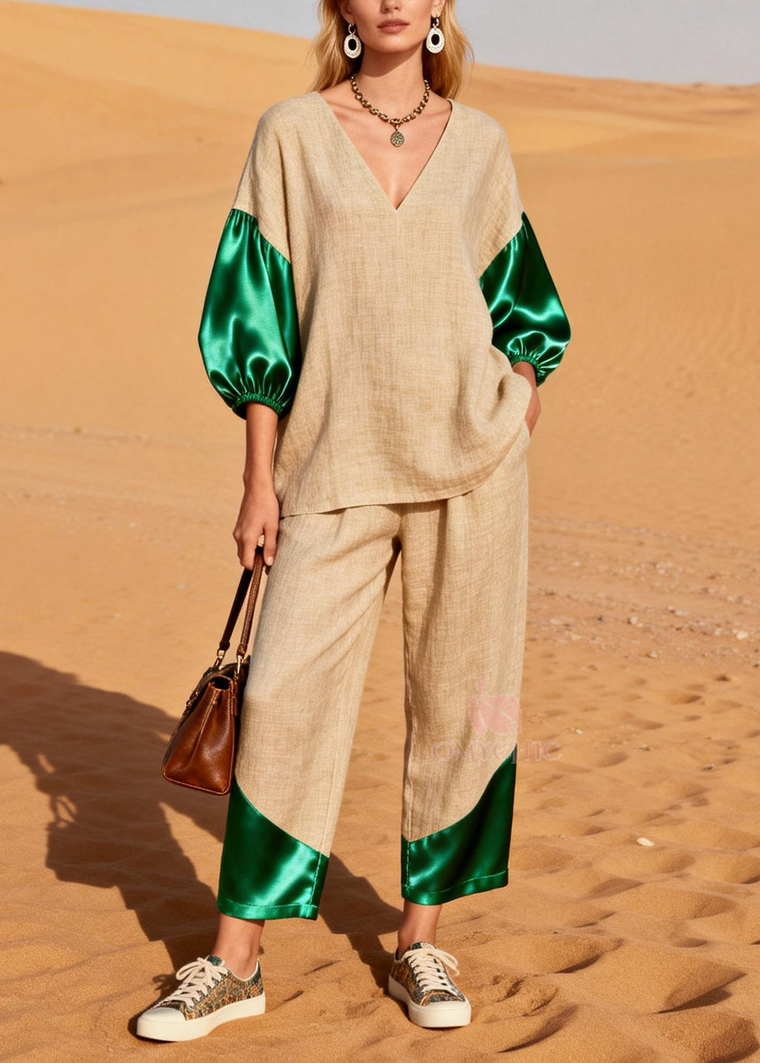 Peacock Green Patchwork Linen Two Pieces Set V Neck Bracelet Sleeve