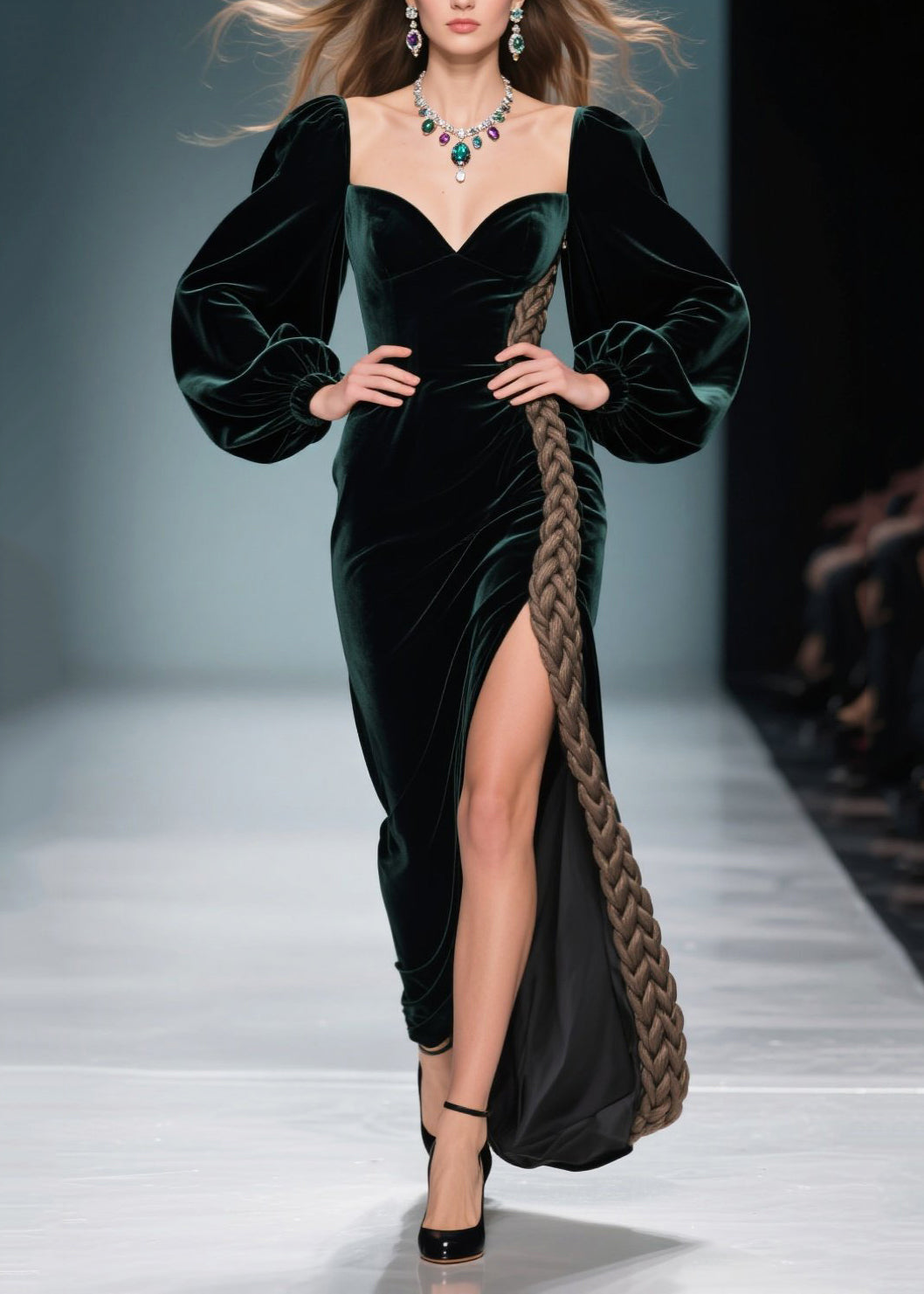 Peacock Green Patchwork Silk Velvet Evening Dress Side Open Spring