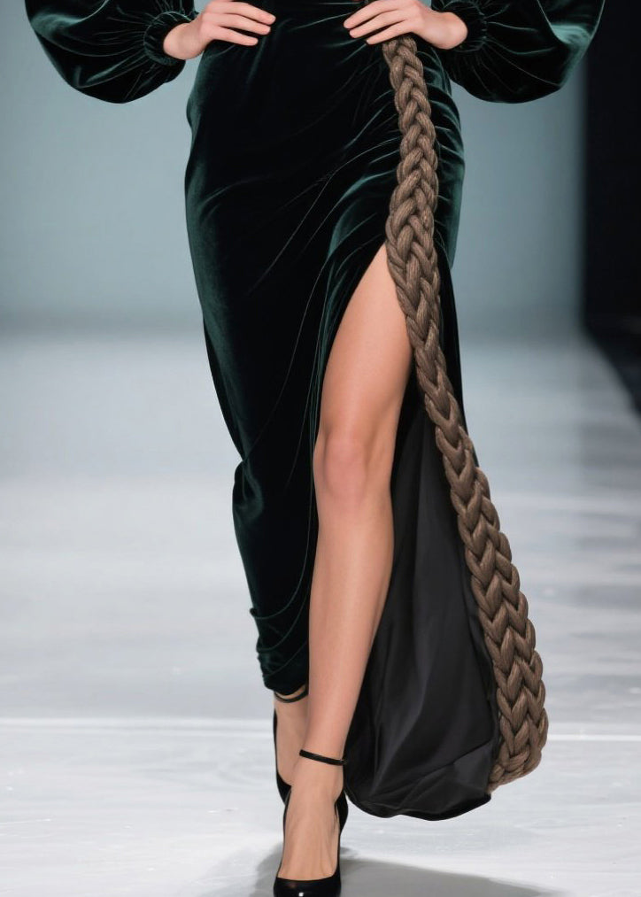 Peacock Green Patchwork Silk Velvet Evening Dress Side Open Spring