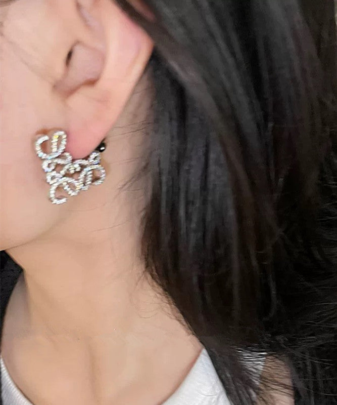 Personalized Fashion Silver Geometric Hollow Zircon Square Earrings