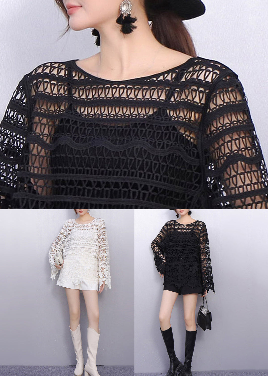 Perspective Fashion White Detailing Lace Tops Texture Hollow Out