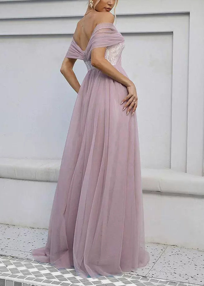 Pink Backless Wrinkled Tulle Summer Ankle Dress Slash Neck