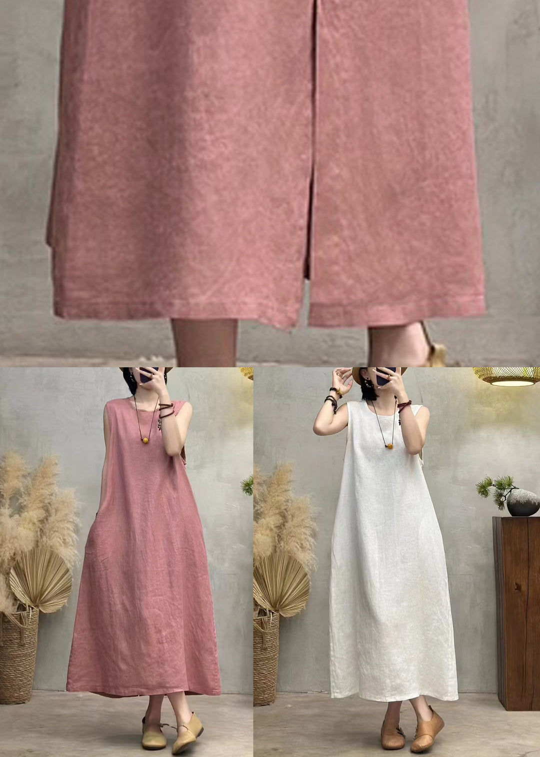 Pink Button Back Side Open Linen Dresses O Neck Summer