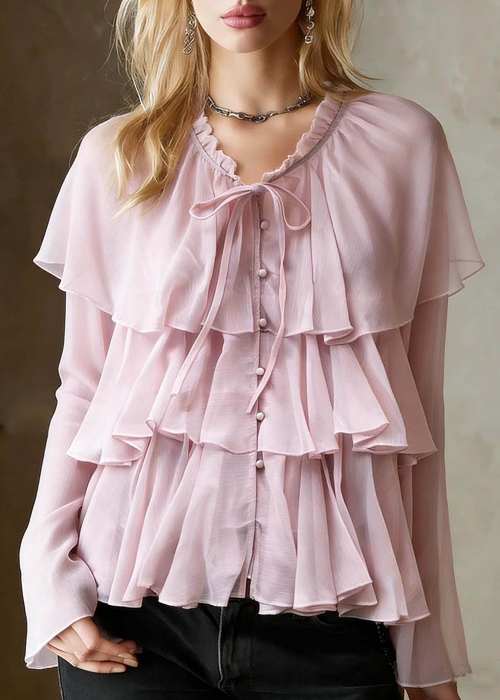 Pink Button Lace Up Cotton Blouses Ruffled Spring - Omychic