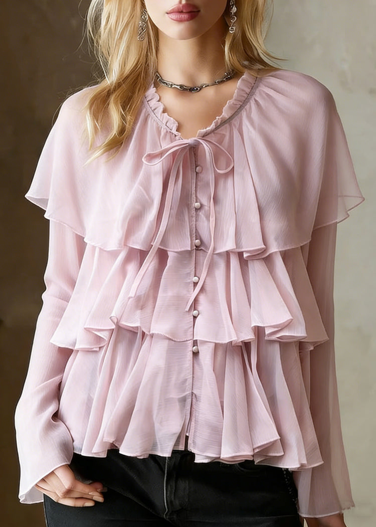 Pink Button Lace Up Cotton Blouses Ruffled Spring - Omychic