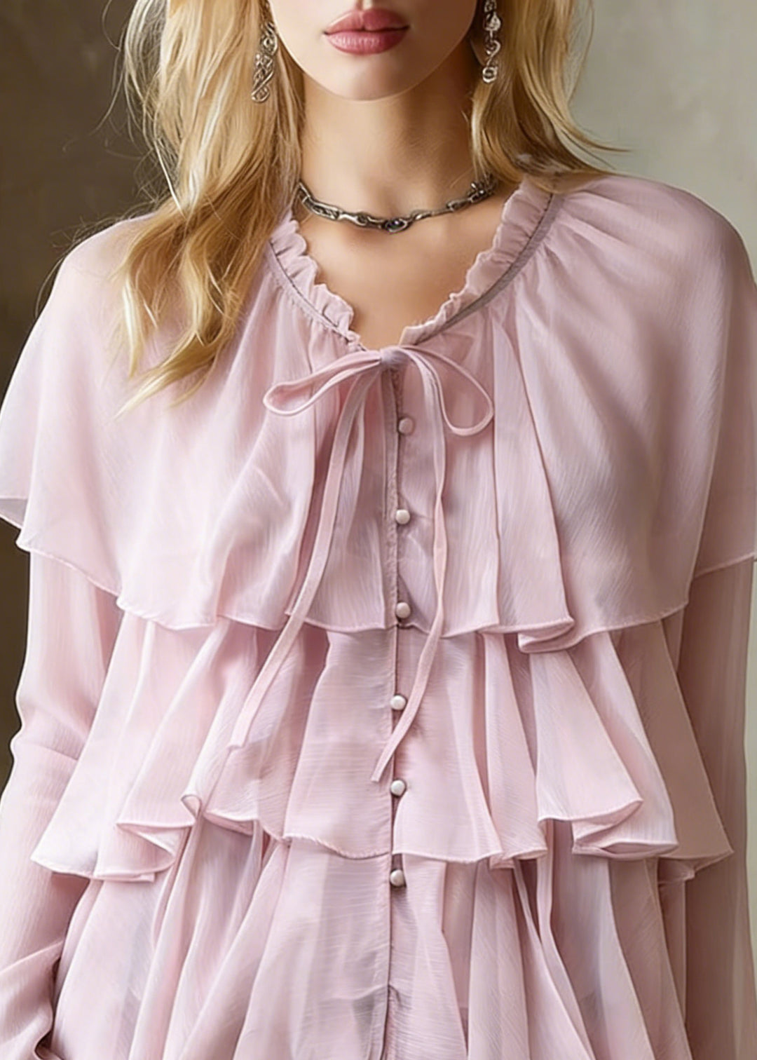 Pink Button Lace Up Cotton Blouses Ruffled Spring - Omychic