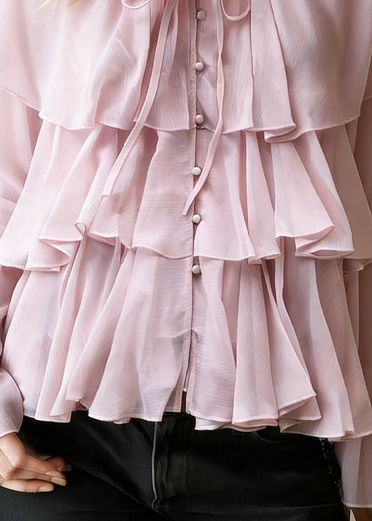 Pink Button Lace Up Cotton Blouses Ruffled Spring - Omychic