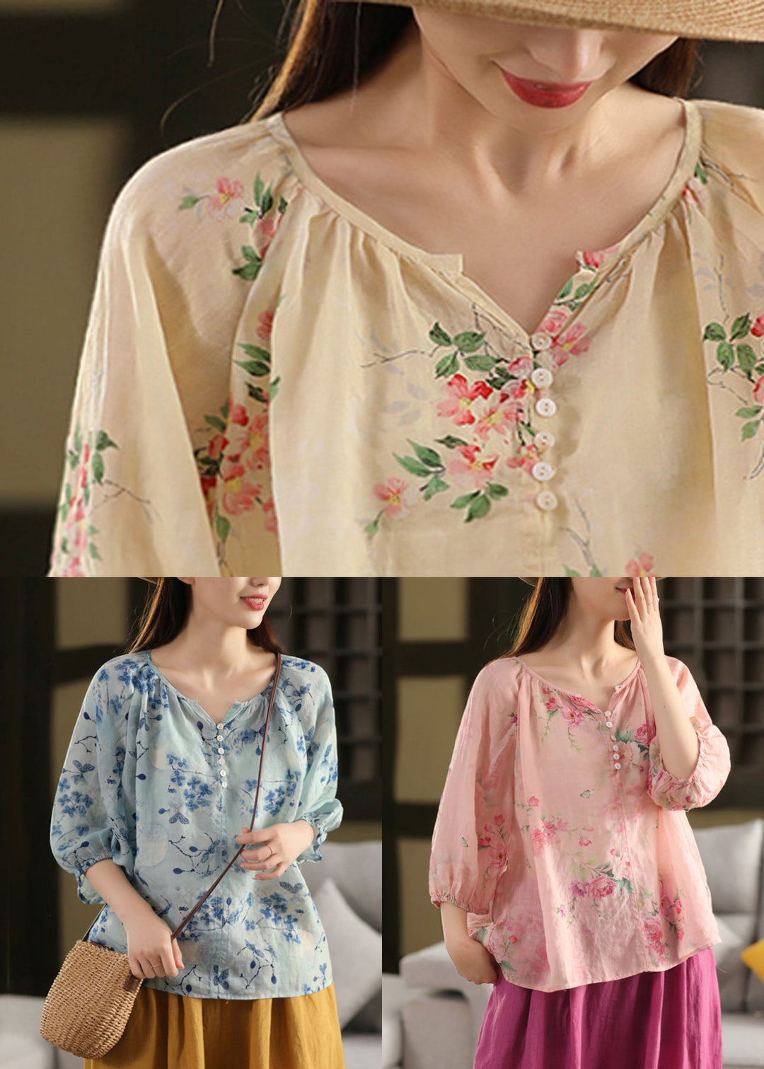 Pink Button Print Linen Blouse Top V Neck Summer