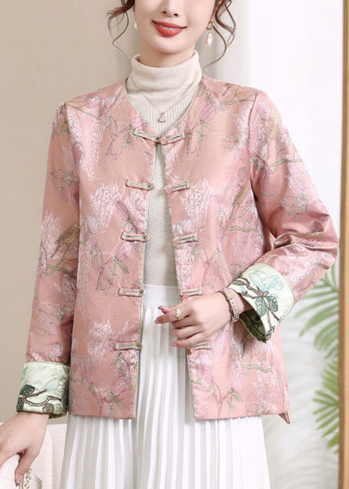 Pink Button Print Silk Coats V Neck Long Sleeve
