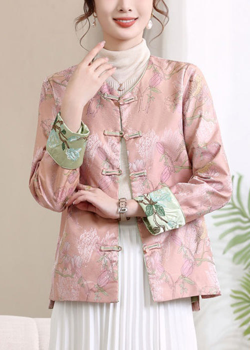 Pink Button Print Silk Coats V Neck Long Sleeve