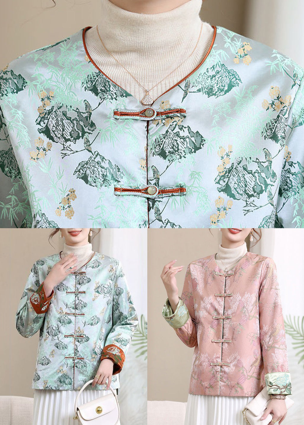 Pink Button Print Silk Coats V Neck Long Sleeve