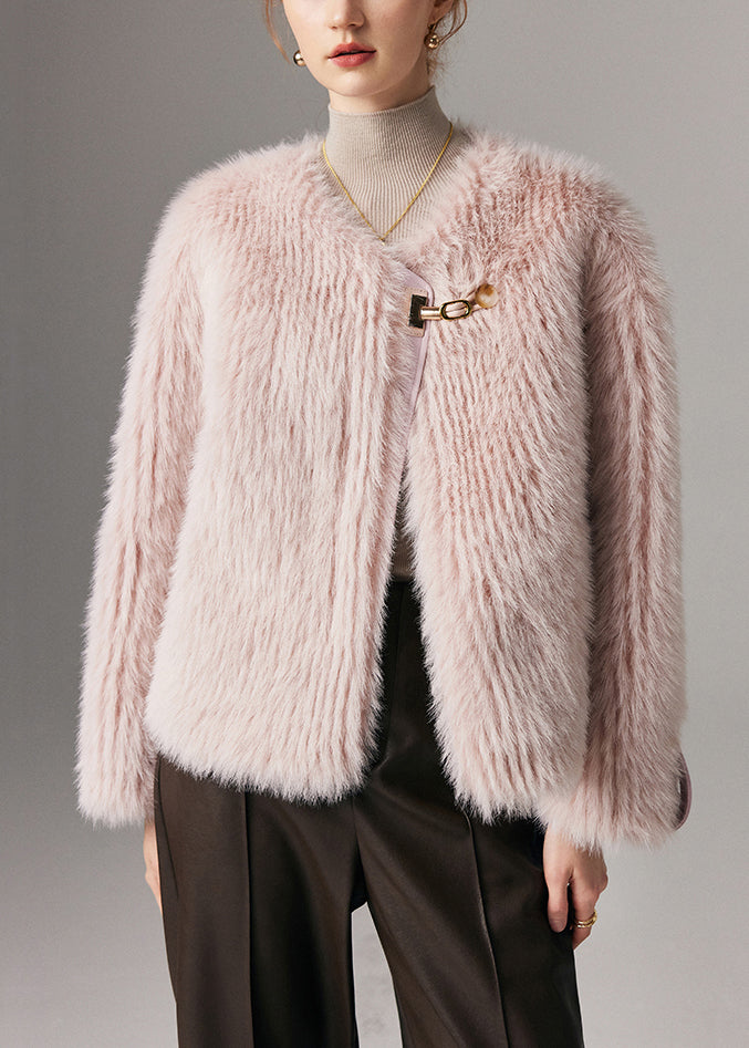 Pink Button Solid Leather And Fur Winter Coat O Neck