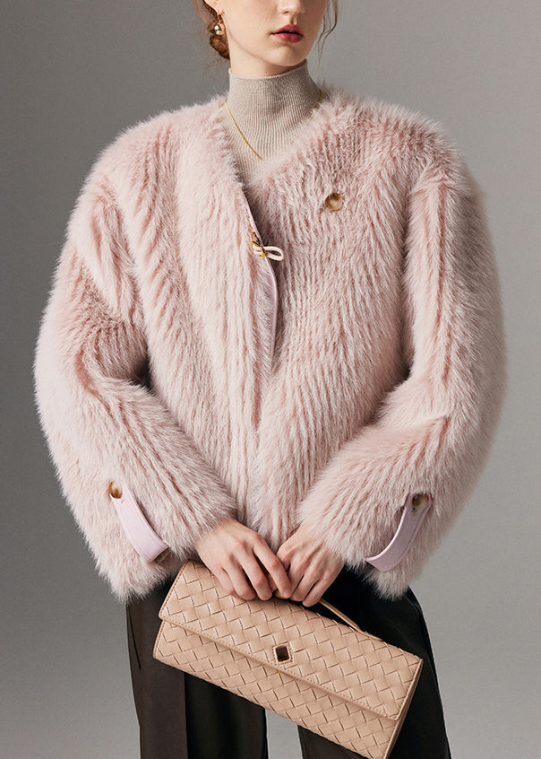 Pink Button Solid Leather And Fur Winter Coat O Neck