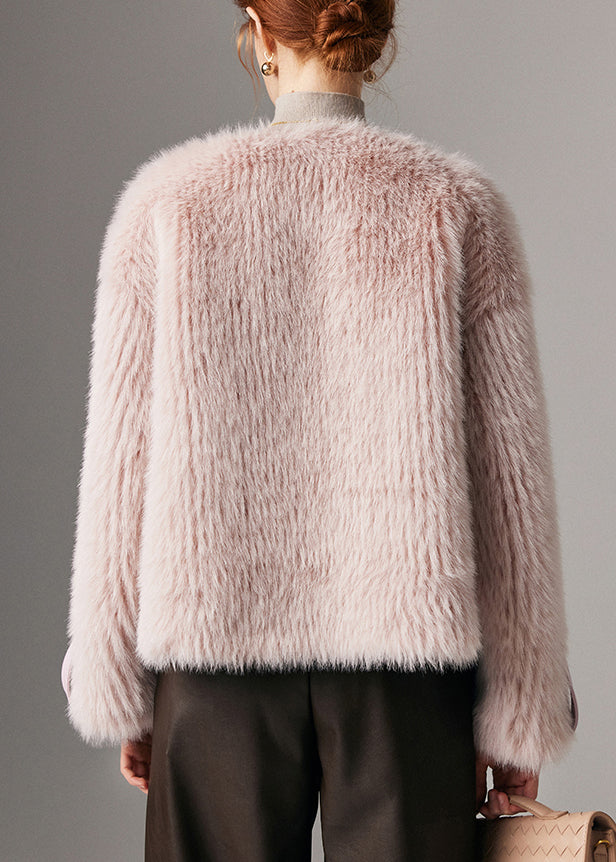 Pink Button Solid Leather And Fur Winter Coat O Neck