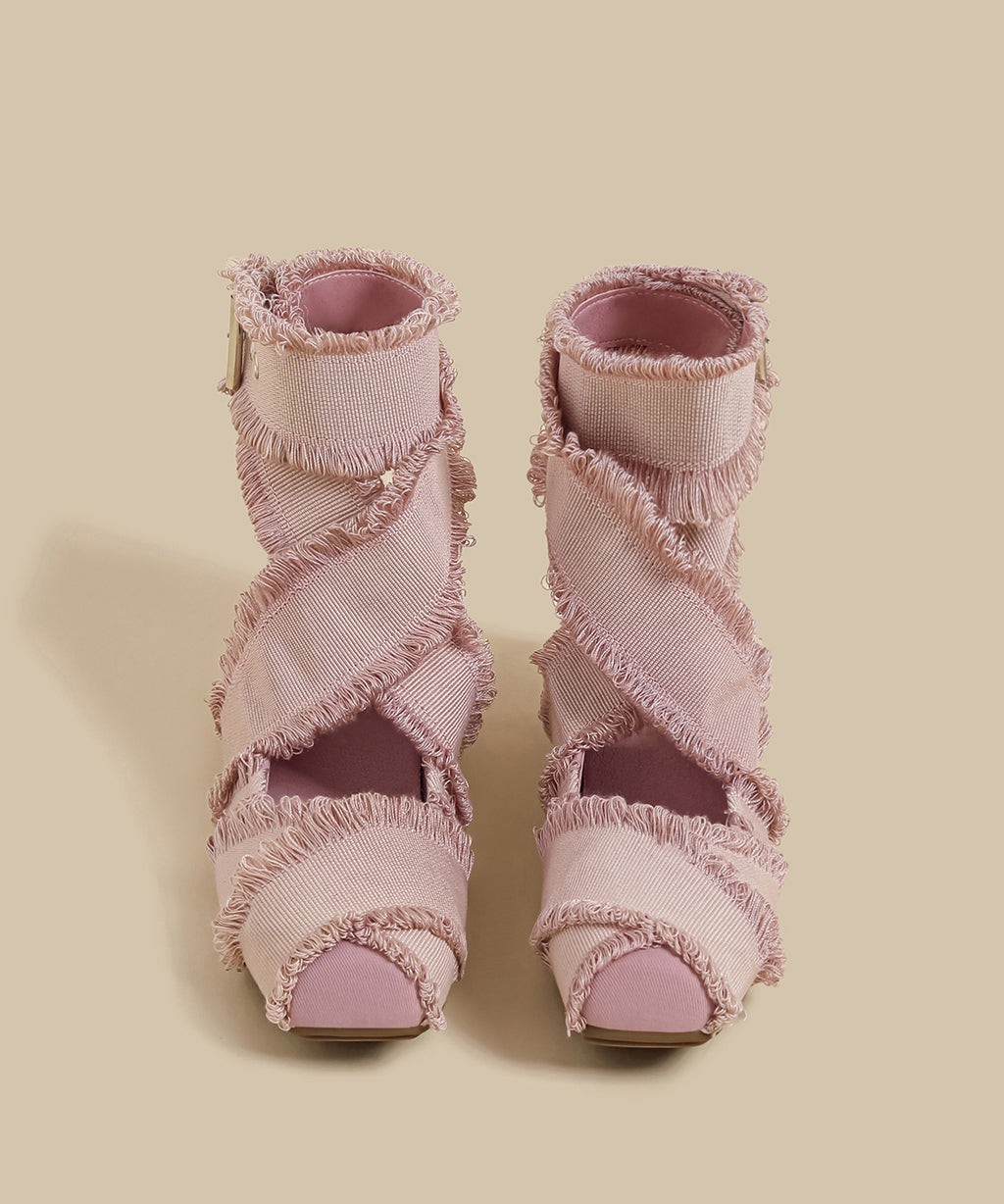 Pink Cotton Fabric Tassel Splicing Cross Strap Flats