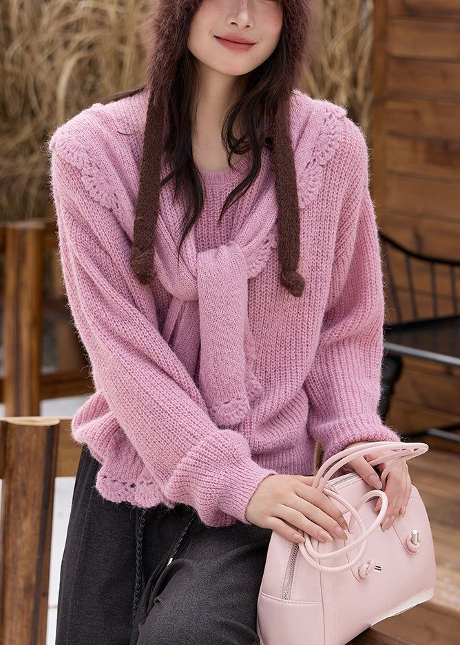 Pink Cozy Solid Cotton Knit Sweaters And Shawl Two Piece Set Fall