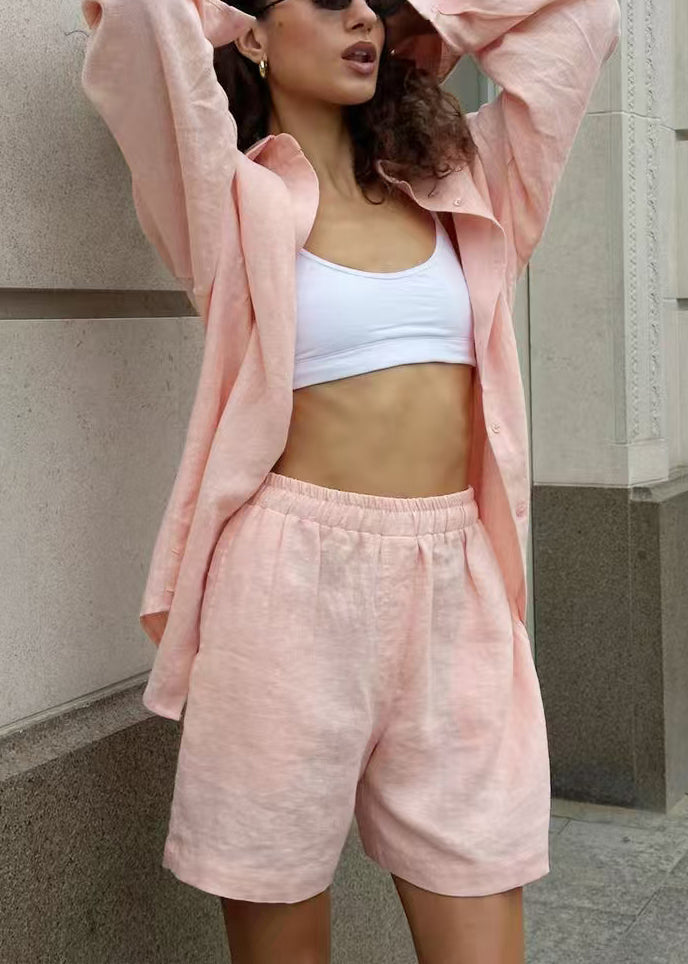Pink Elastic Waist Solid Cotton Two Pieces Set Peter Pan Collar Button