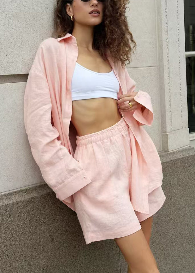 Pink Elastic Waist Solid Cotton Two Pieces Set Peter Pan Collar Button