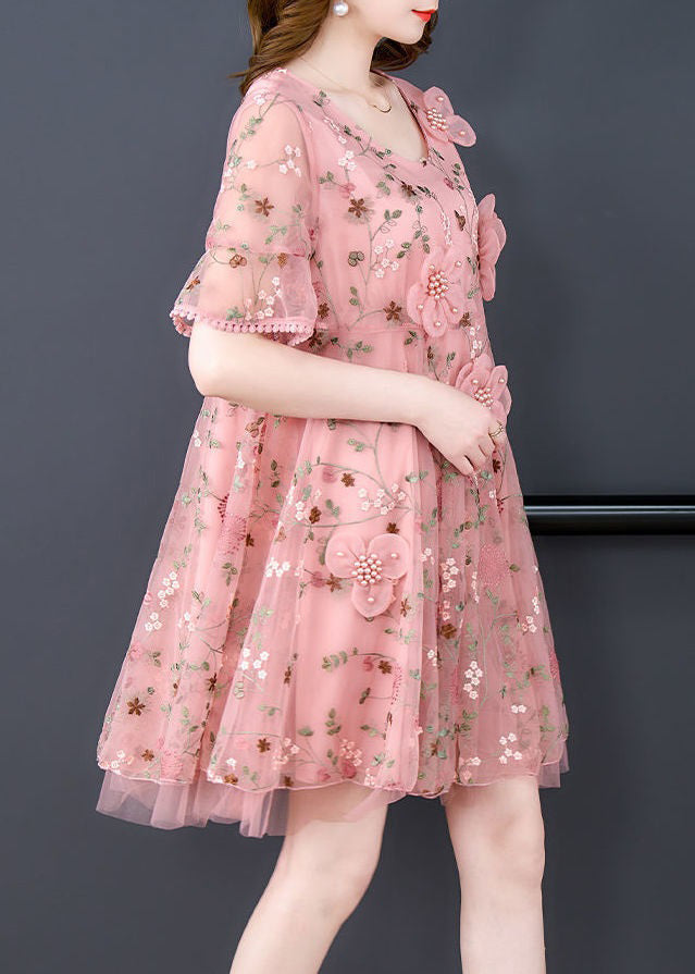 Pink Embroidered Tulle Mid Dress O Neck Short Sleeve