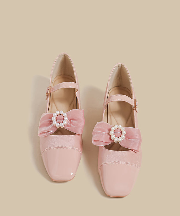 Pink Faux Leather Flat Shoes Splicing Buckle Strap Nail Bead