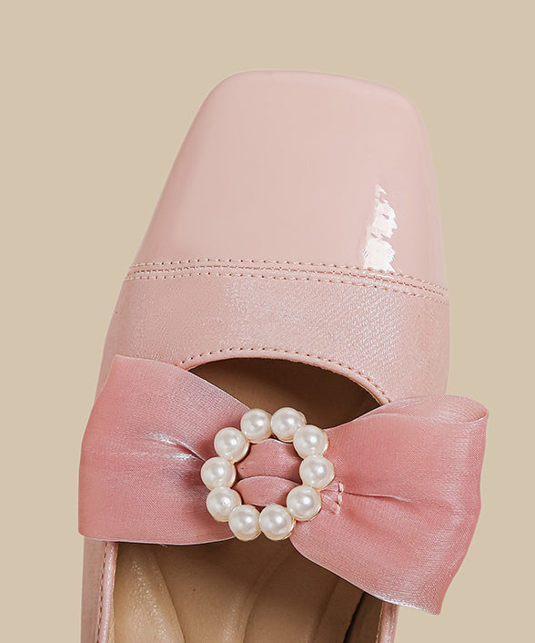Pink Faux Leather Flat Shoes Splicing Buckle Strap Nail Bead