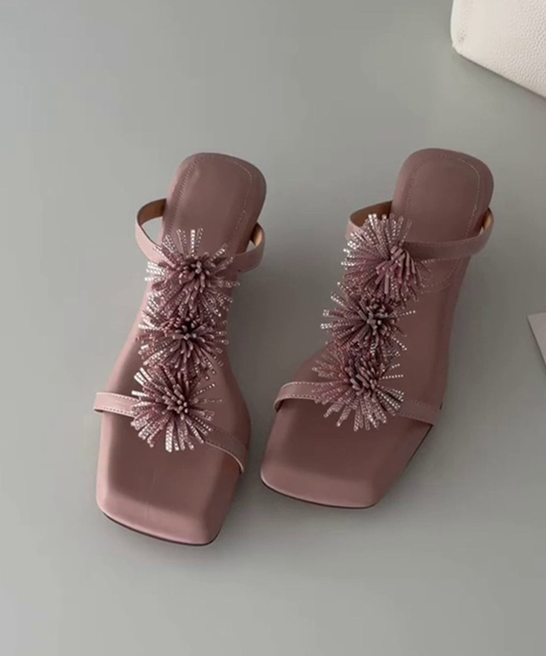 Pink Faux Leather Floral Zircon Splicing Slide Sandals