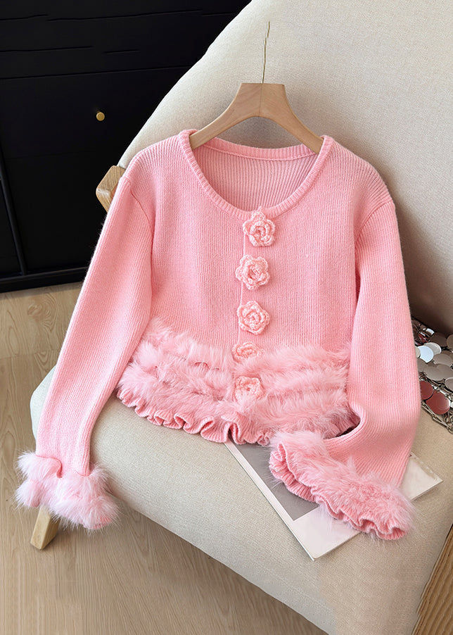 Pink Fluffy Floral Patchwork Knit Winter Sweater O Neck