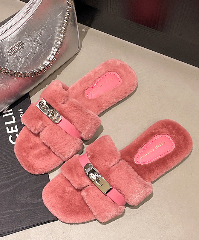 Pink Fuzzy Fur Fluffy Slippers Shoes Splicing Sequined Peep Toe