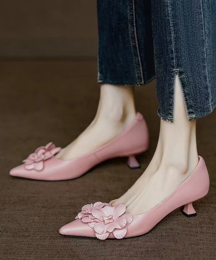 Pink High Heel Pointed Toe Sheepskin Unique Splicing Floral