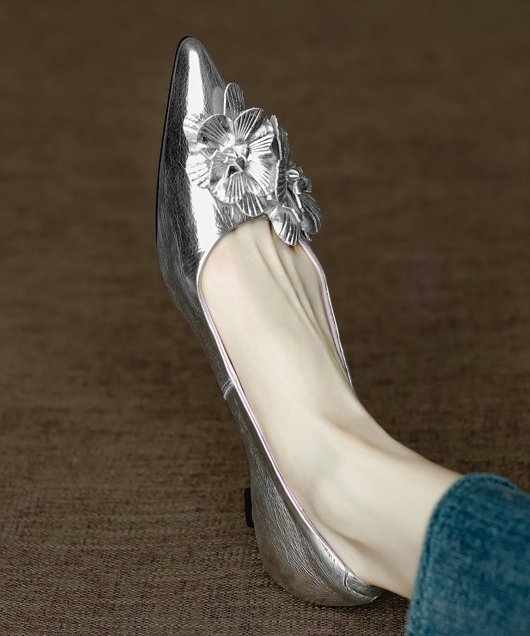Pink High Heel Pointed Toe Sheepskin Unique Splicing Floral