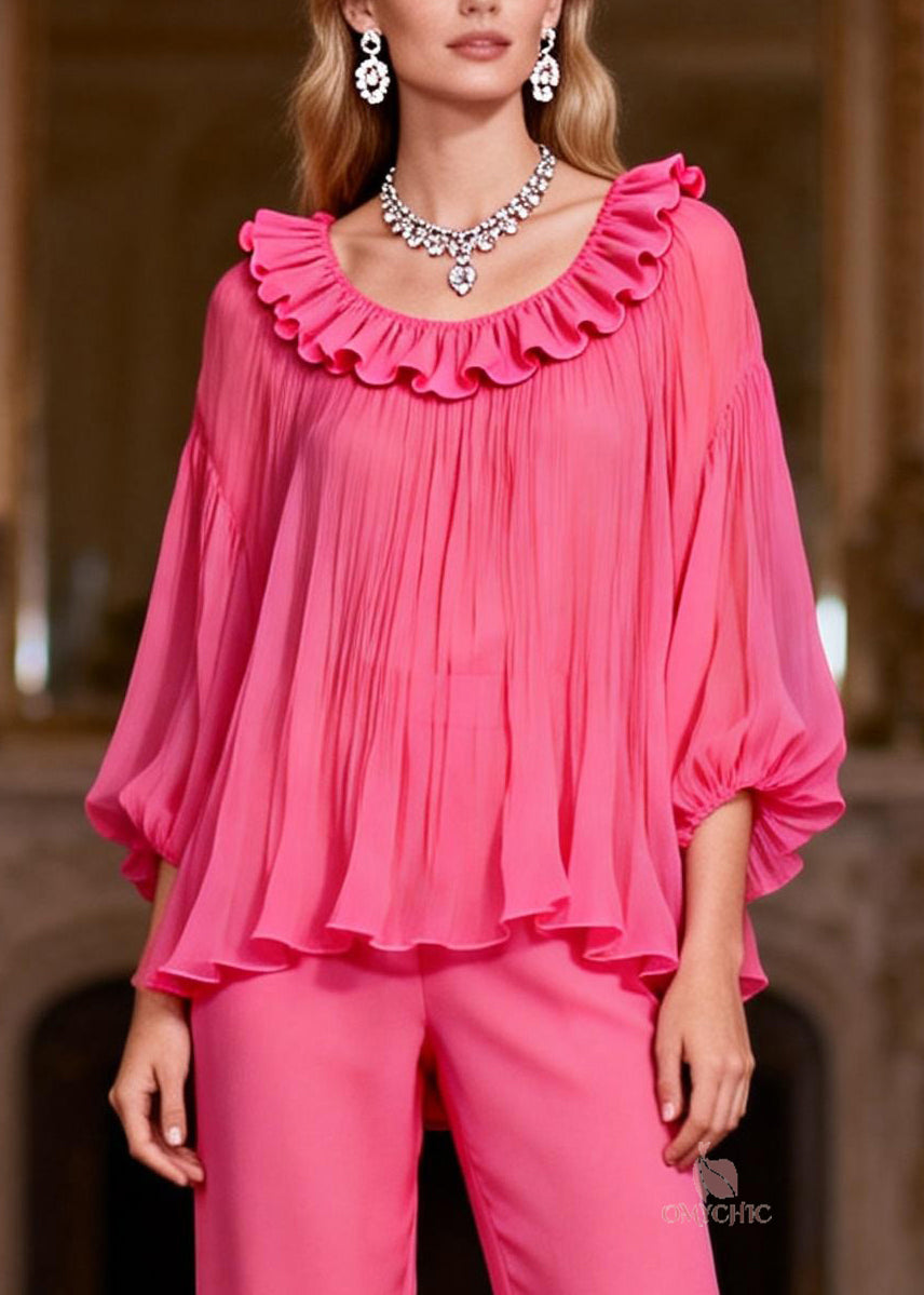 Pink High Waist Tops And Crop Pants Two-Piece Set Ruffled Bracelet Sleeve