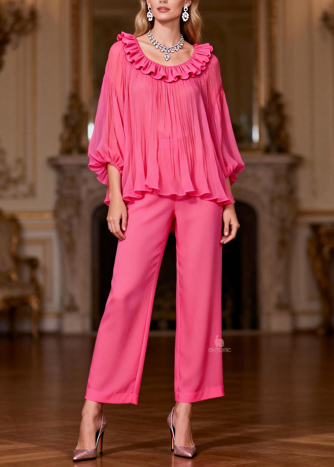 Pink High Waist Tops And Crop Pants Two-Piece Set Ruffled Bracelet Sleeve