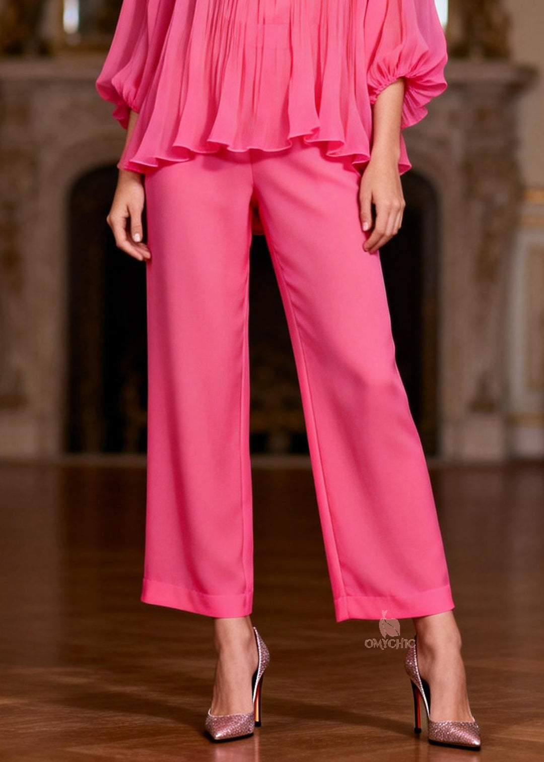 Pink High Waist Tops And Crop Pants Two-Piece Set Ruffled Bracelet Sleeve