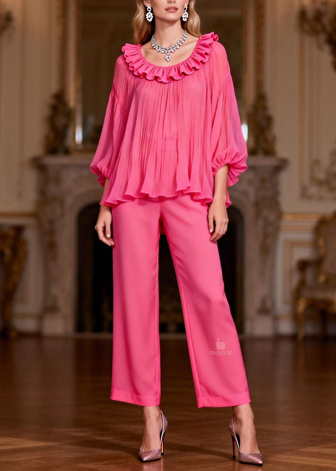Pink High Waist Tops And Crop Pants Two-Piece Set Ruffled Bracelet Sleeve