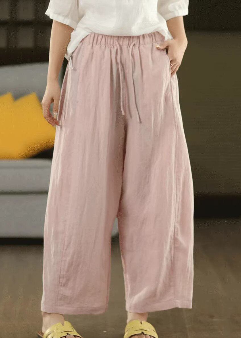 Pink Hollow Out Drawstring Solid Harem Pants