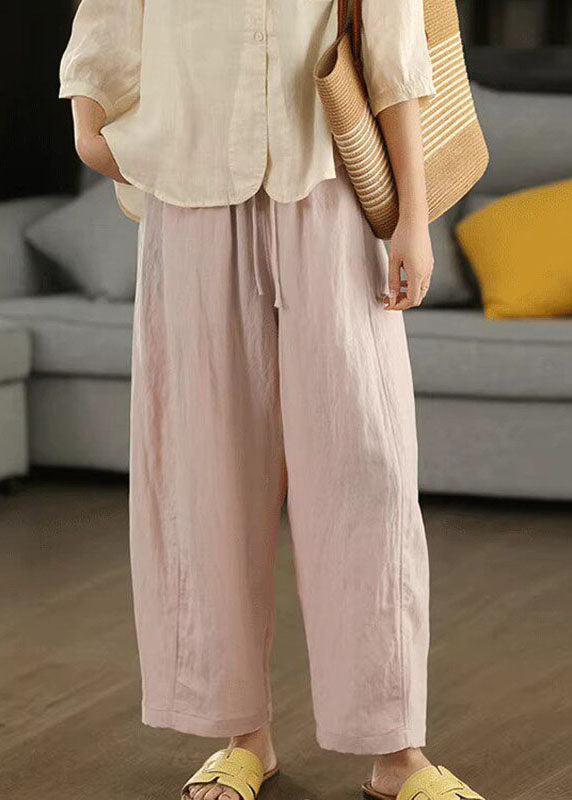 Pink Hollow Out Drawstring Solid Harem Pants