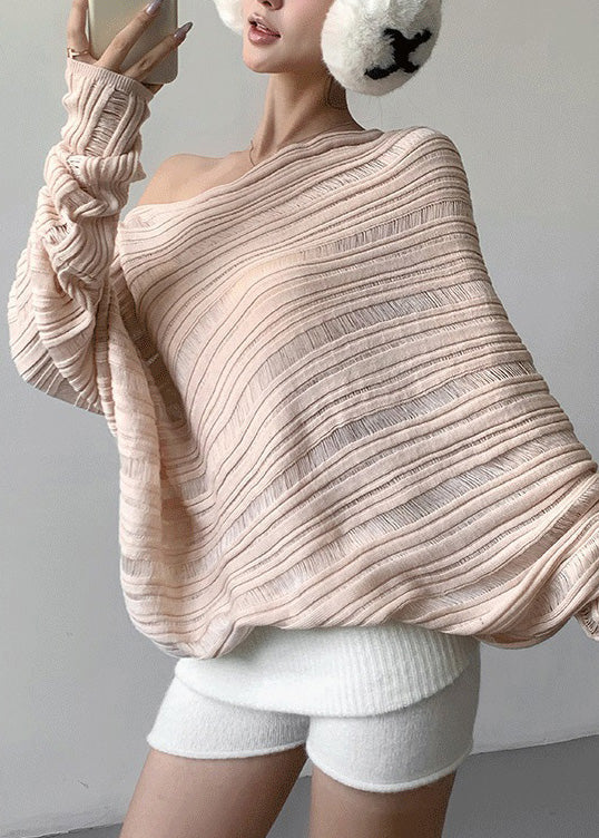 Pink Hollow Out Thin Knit Knit Shirts Cold Shoulder Batwing Sleeve