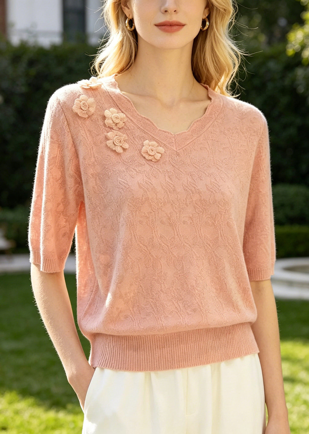 Pink Jacquard Knit Shirt Top Stereoscopic Floral Summer