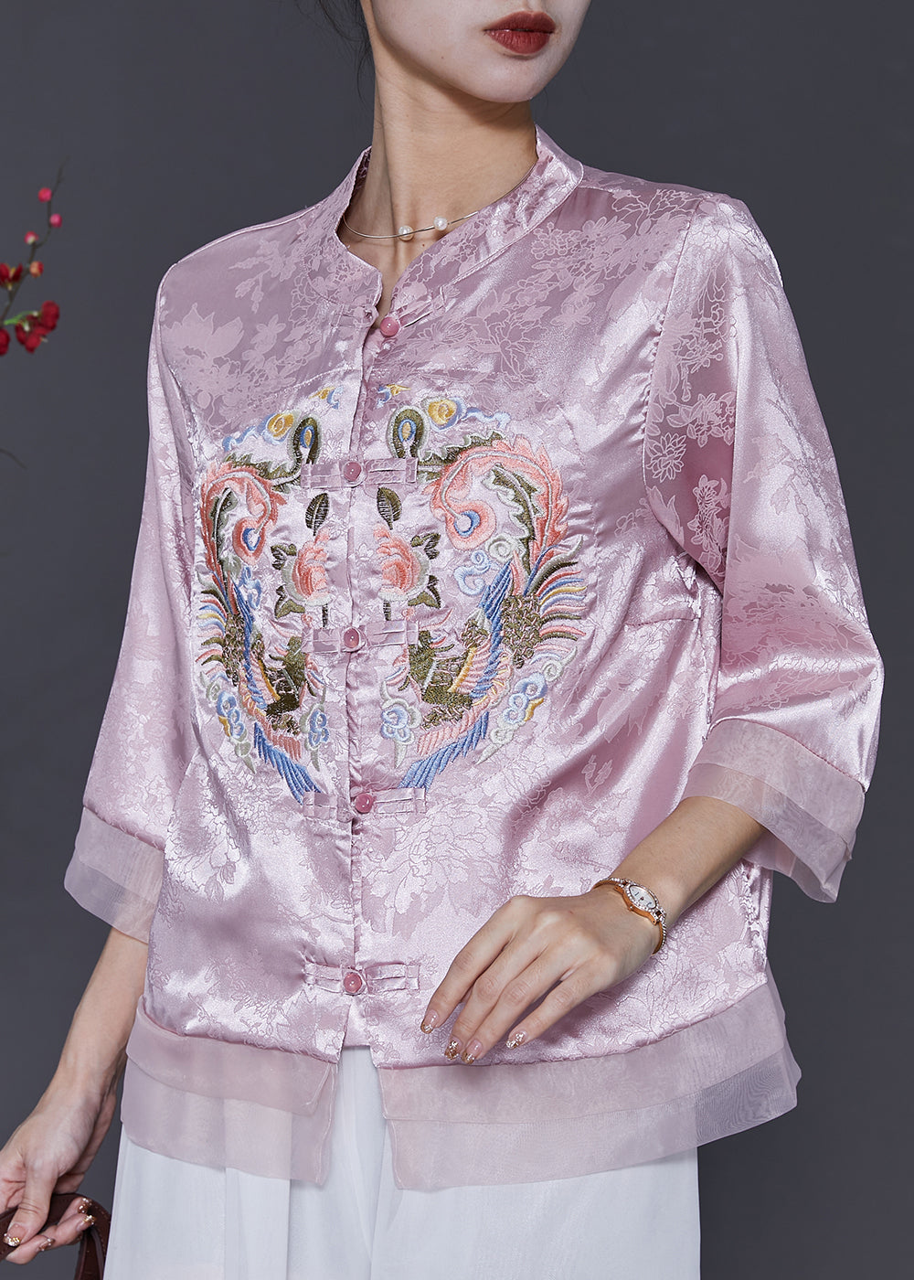 Pink Jacquard Silk Chinese Style Shirt Top Embroidered Spring