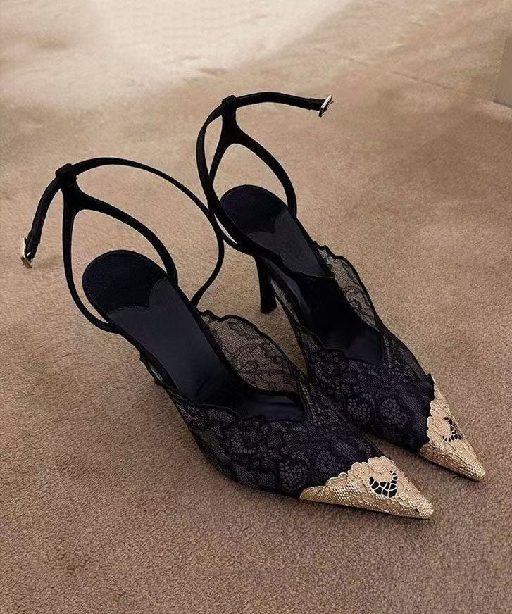 Pink Lace Splicing Buckle Strap Stiletto High Heels Pointed Toe