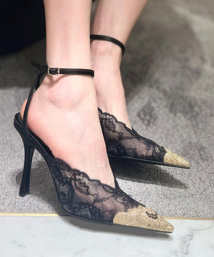 Pink Lace Splicing Buckle Strap Stiletto High Heels Pointed Toe